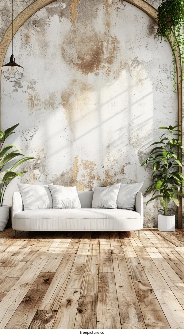 White sofa in a bright living room with plants