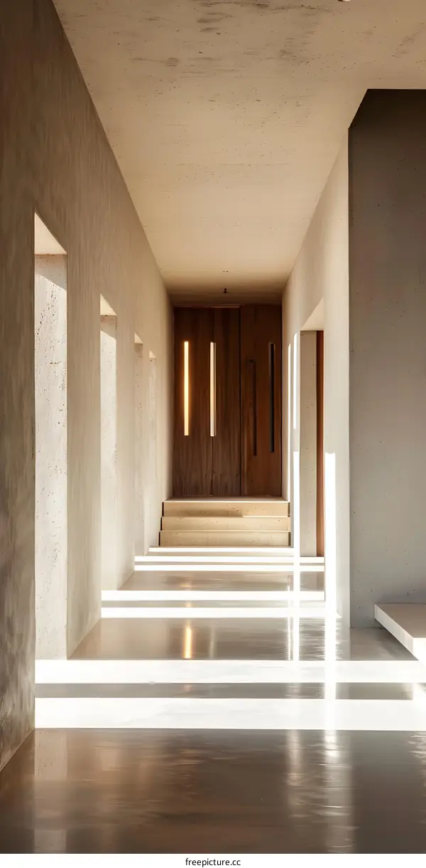 Modern Minimalist Concrete Hallway with Wooden Door