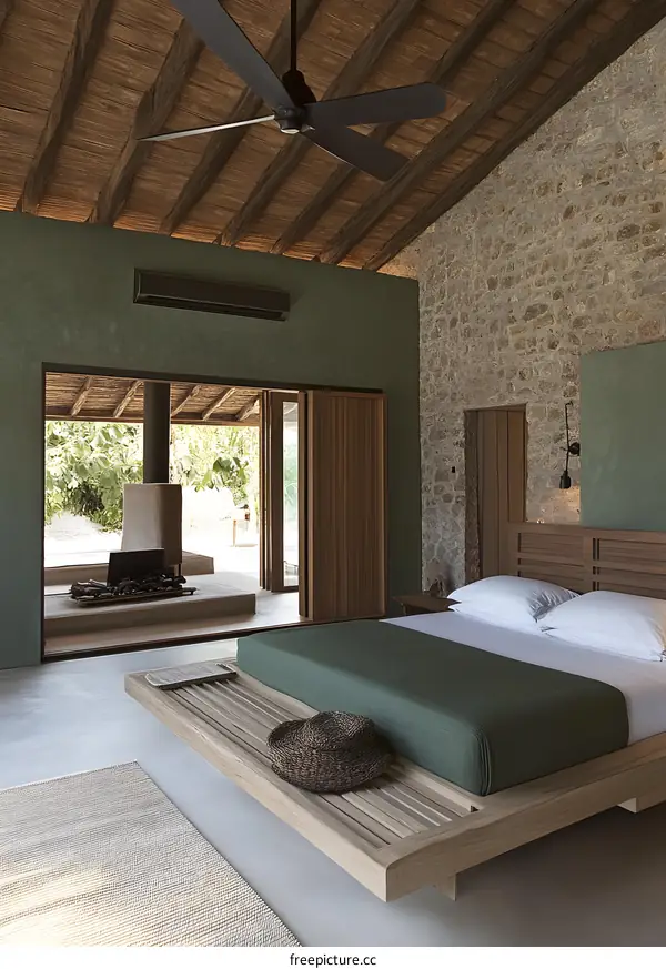 Modern Bedroom Interior Design with Stone Wall and Wooden Beams