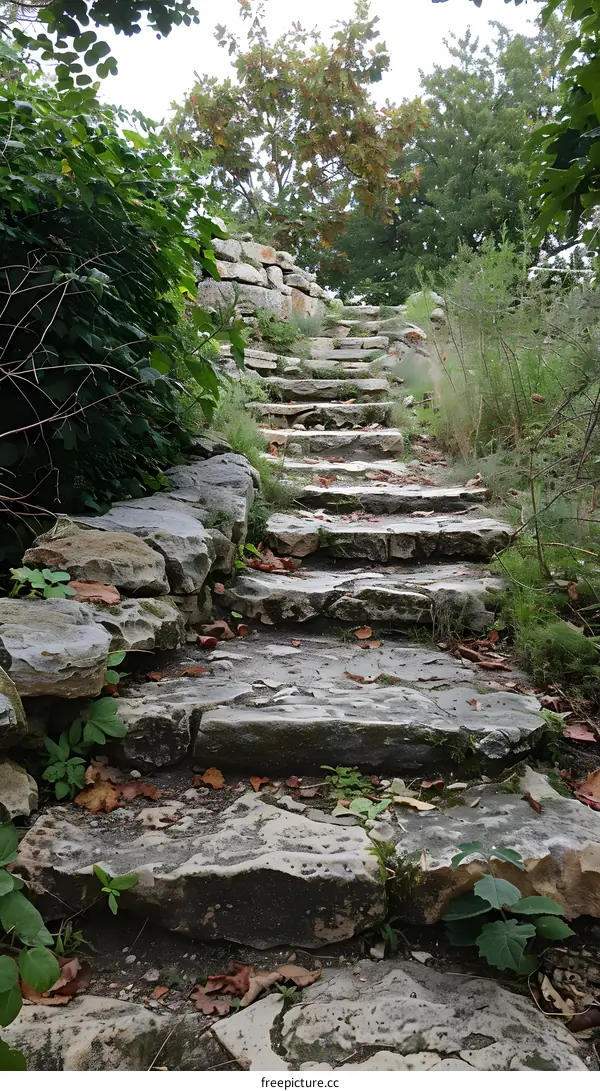 Stone steps surrounded by trees and bushes