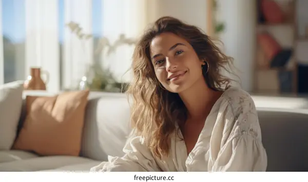 Portrait of a smiling young woman sitting on a couch