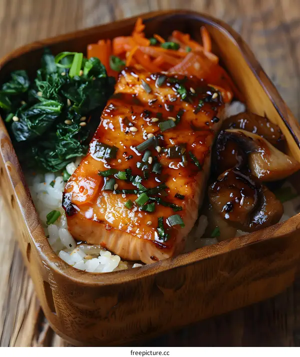A delicious and healthy meal of salmon, spinach, carrots, and mushrooms.