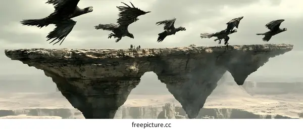 Flying Creatures Over a Floating Rock Formation in a Desert Landscape