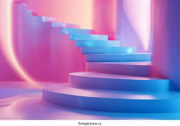Dreamlike Staircase in Surreal Pink and Blue Landscape