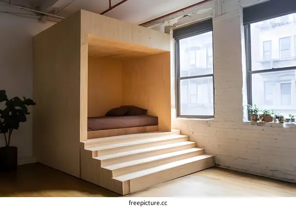 Modern Wooden Bed Platform with Stairs in Loft Apartment