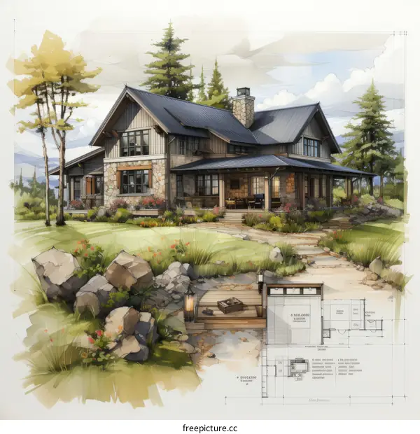 An illustration of a beautiful house with a stone base and a gray roof