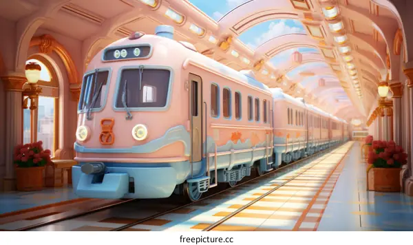 A pink and blue train is in a pink and blue station