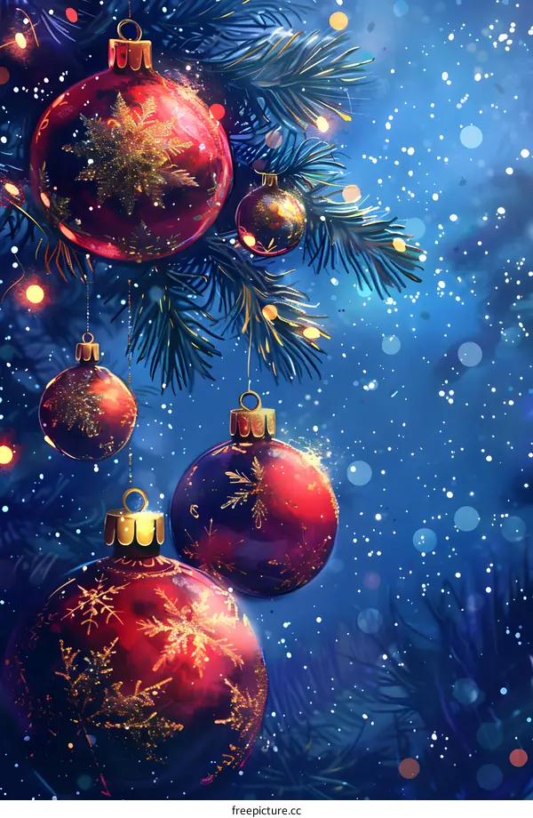 Christmas background with hanging red and gold ornaments