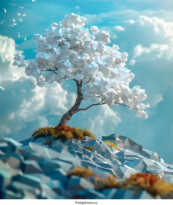 3D illustration of a tree with white origami leaves and a blue sky background