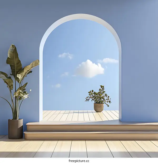 Minimalist Blue Wall Interior Design with Archway and Sky View