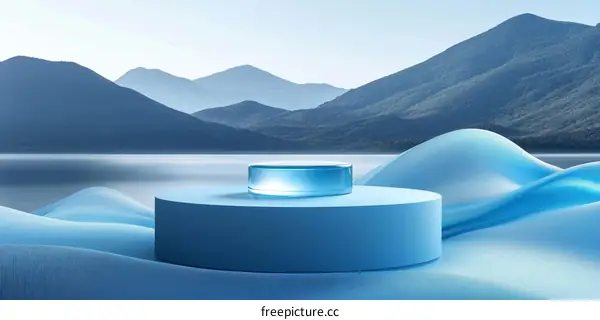 Modern Blue Product Display Against a Scenic Mountain Landscape