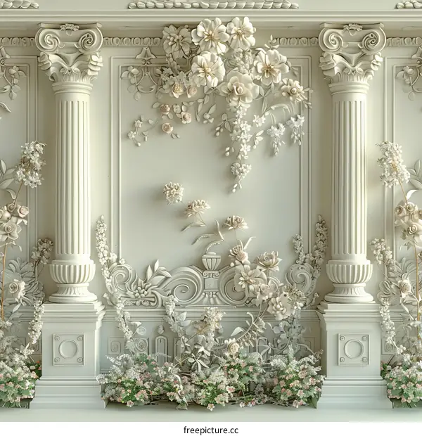 White Floral Column Background with Ornate Design