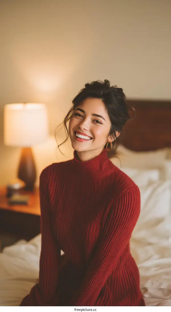 Smiling Woman in a Red Knitted Sweater