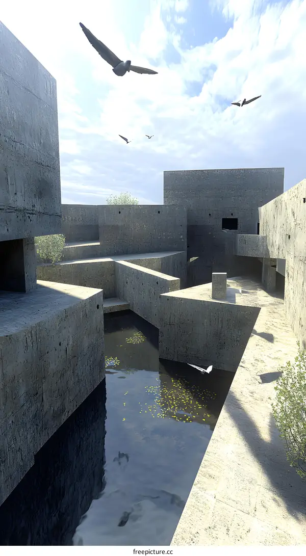Modern Architecture with Water Feature and Birds Flying