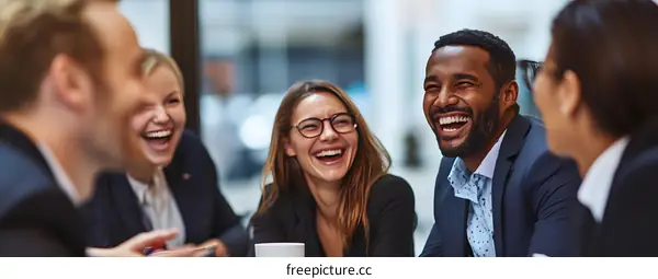 Diverse Group of Business Professionals Laughing Together During a Meeting