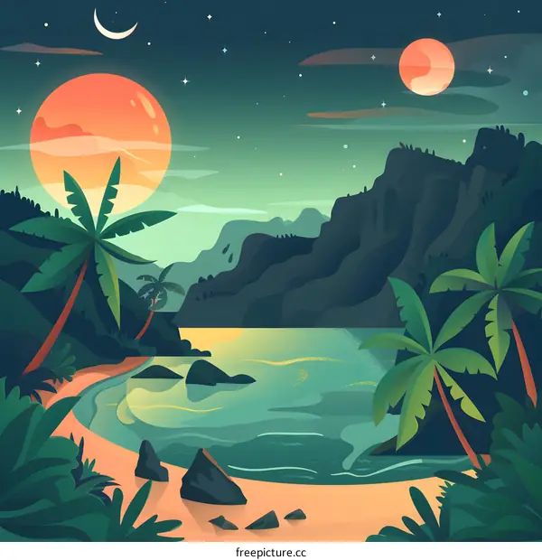 Tropical Sunset Beach with Palm Trees and Mountains