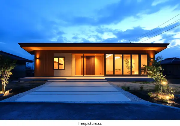Modern House Exterior with Wooden Facade and Large Windows at Dusk