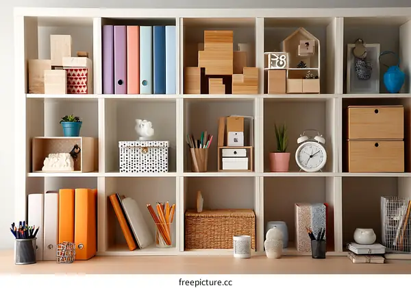 Organized Home Office Shelving with Decorative Items