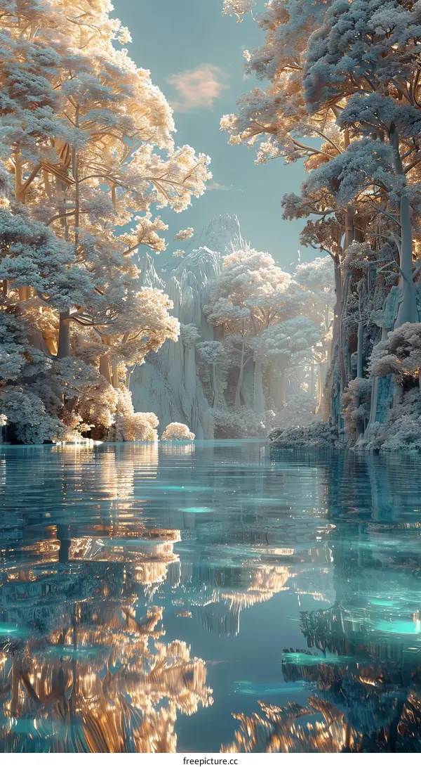 Mesmerizing Fantasy Landscape with Mountains and Crystal Clear Lake