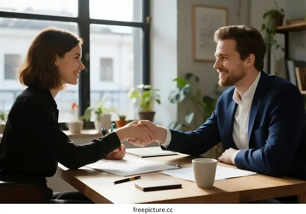 Two professionals shaking hands across a wooden table in office