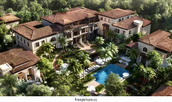 Aerial View of Luxury Resort with Pool and Palm Trees