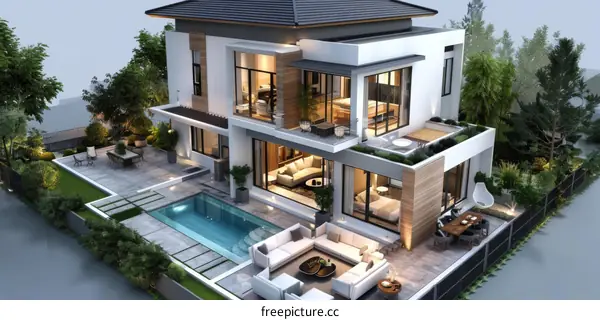 Modern Villa Exterior Design with Pool and Garden