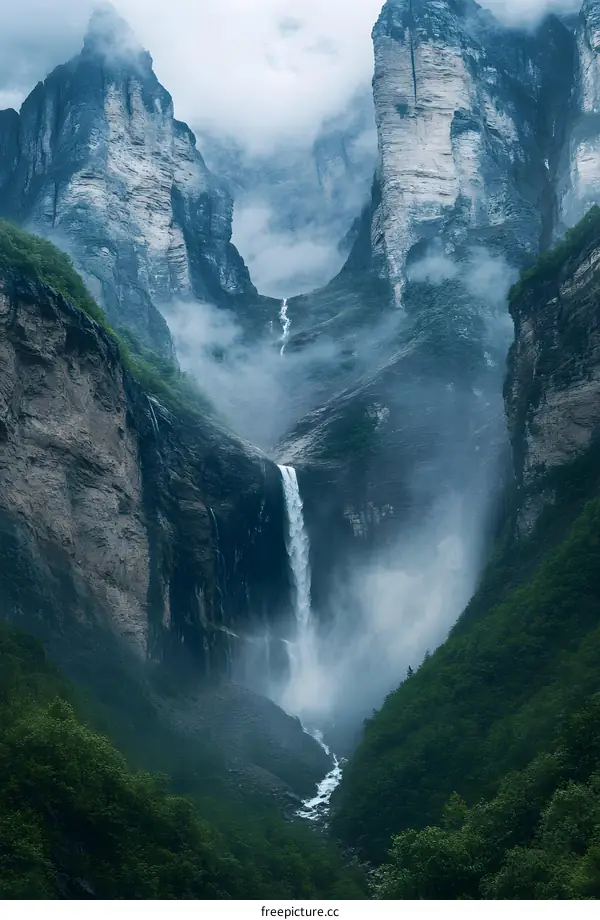 Tall Waterfall Between Mountain Cliffs