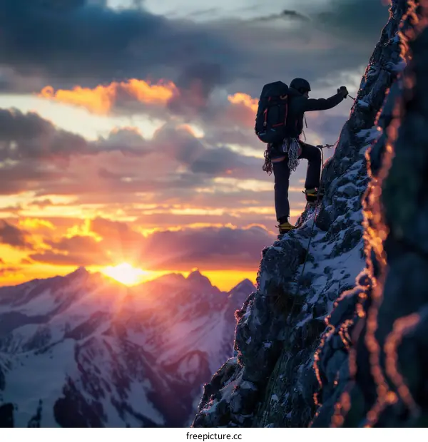 A lone climber ascends a steep mountain peak at sunrise