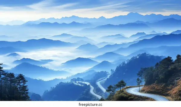 Majestic Blue Mountain Ranges and Winding Road