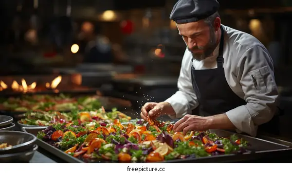 Chef carefully sprinkles finishing touches on a large pan of roasted vegetables
