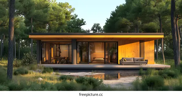 Modern Wooden Cabin House With Large Windows In The Forest