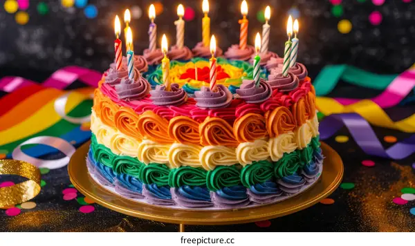 Rainbow frosted birthday cake with lit candles