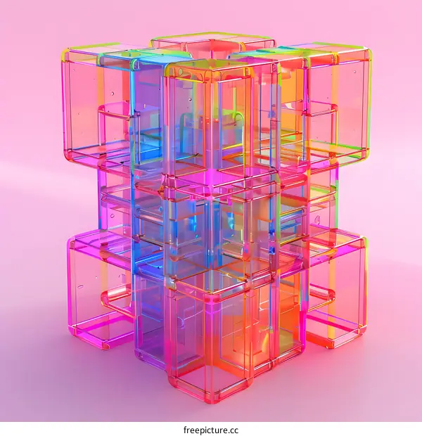 Colorful 3D rendering of a geometric structure made of transparent glass-like material with a pink background.