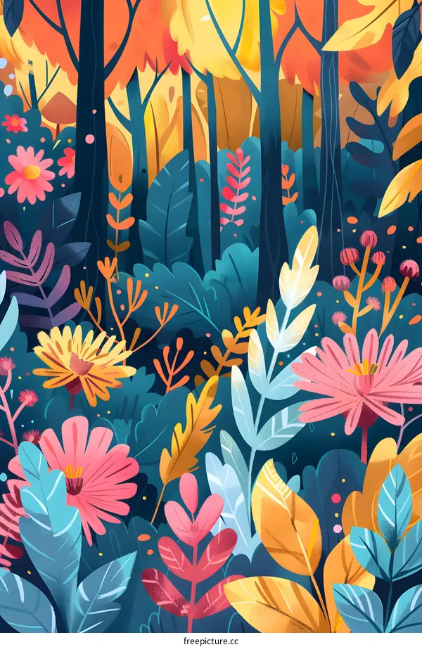 Colorful Illustration of a Lush Forest with Vibrant Flowers and Foliage