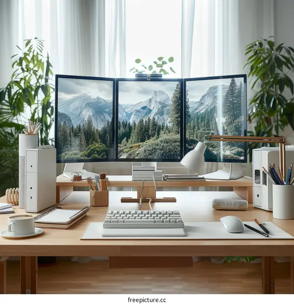 A desk with three monitors, plants, and a large window