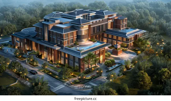 Grand Mansion Architectural Illustration in the Evening