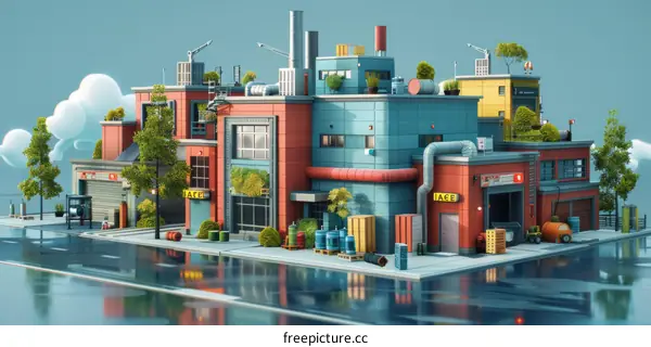 Urban Factory Exterior with Street