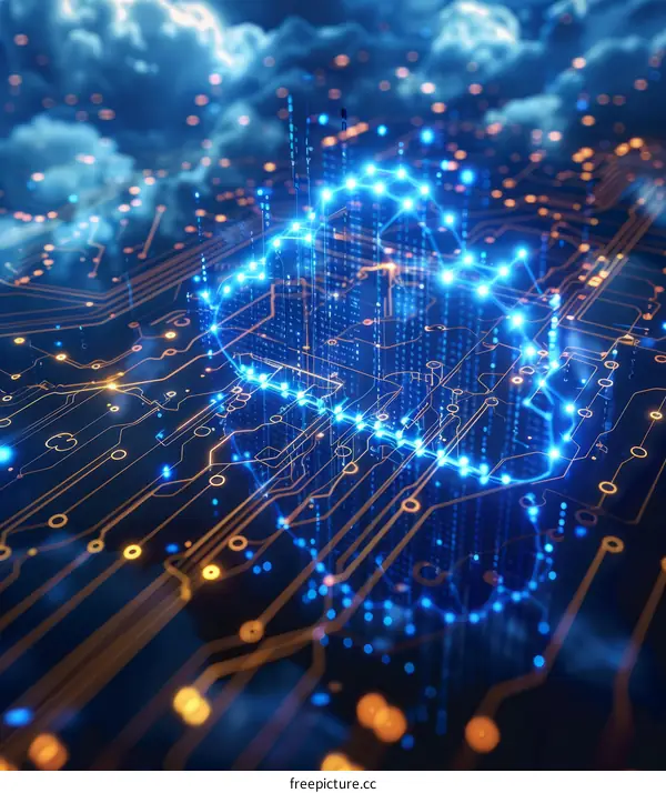 Blue Glowing Circuit Board with Cloud Computing