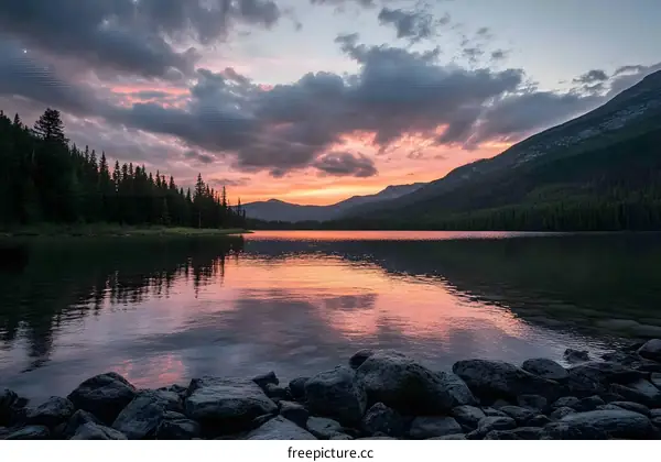 Peaceful Sunset Over Mountains and Lake