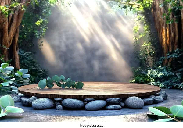 Nature Scene Display Platform with Wooden Surface