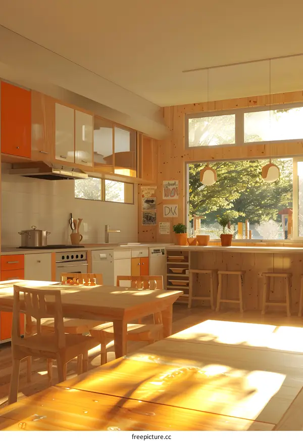 An empty classroom with tables and chairs in the morning