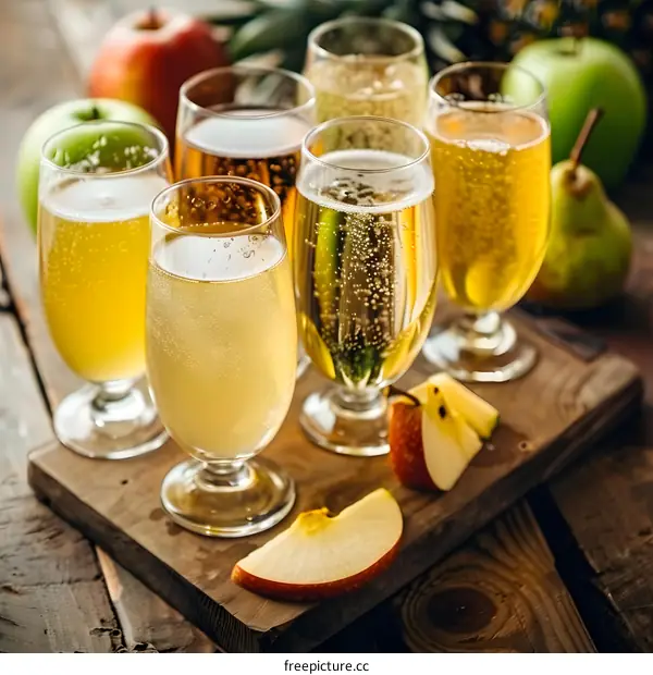 Apple Cider Tasting Flight with Fruits and Rustic Wooden Background