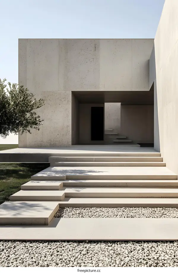 Minimalist Concrete House with Stone Steps and Olive Tree