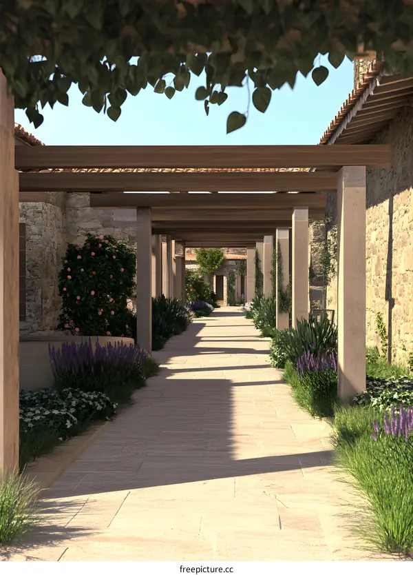 Stone Walkway With Wooden Pergola And Greenery
