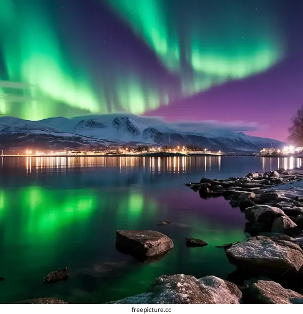 Aurora borealis over a Norwegian fjord