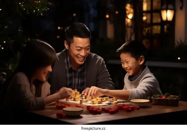 Family of three playing chess together at home in the evening