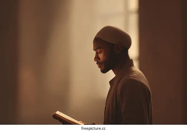 Man Reading Holy Book in Mosque