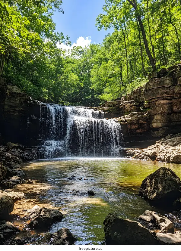 Scenic Waterfall in a Lush Green Forest