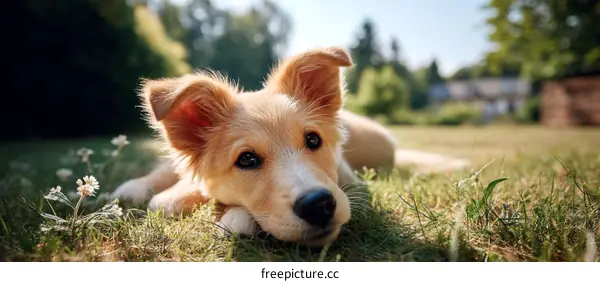 Adorable Puppy Relaxing in a Garden