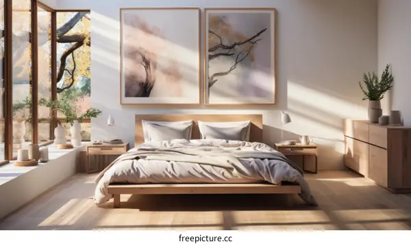 Minimalist Bedroom with Large Bed, Paintings, and Potted Plant